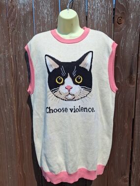Cat Graphic Sleeveless Sweater Vest - Pink & Cream